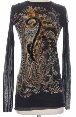 Vintage Fuzzi Y2K Velvet Flocked Paisley Mesh Top Black Gold Brown S Fall Boho
